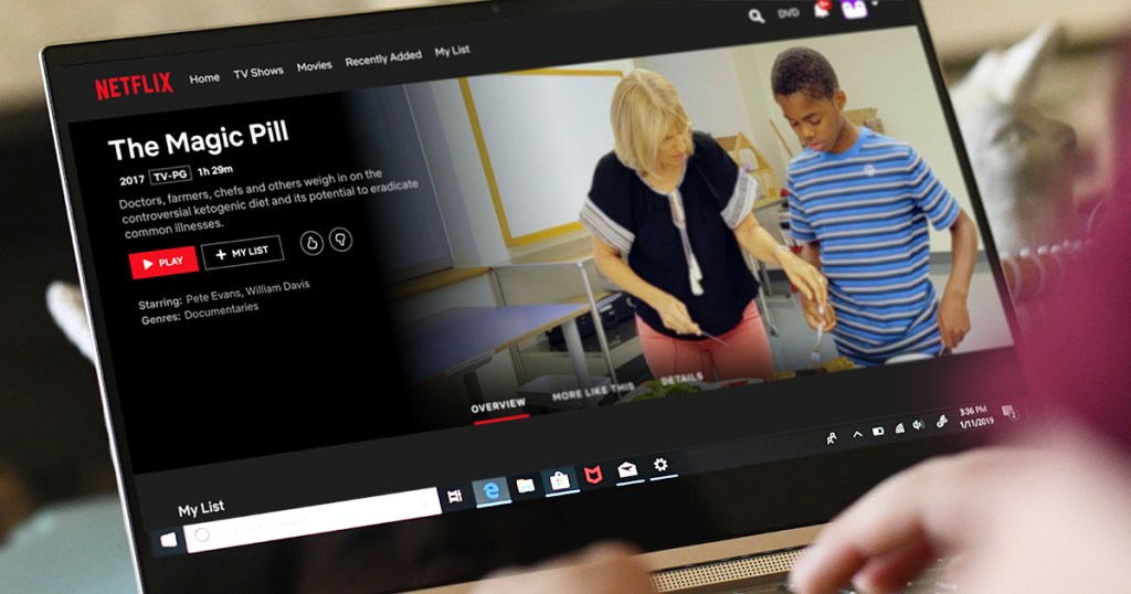 Computer screen showing The Magic Pill food documentary on Netflix