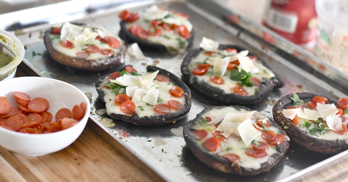 tray of portobello mushroom pizzas after baking