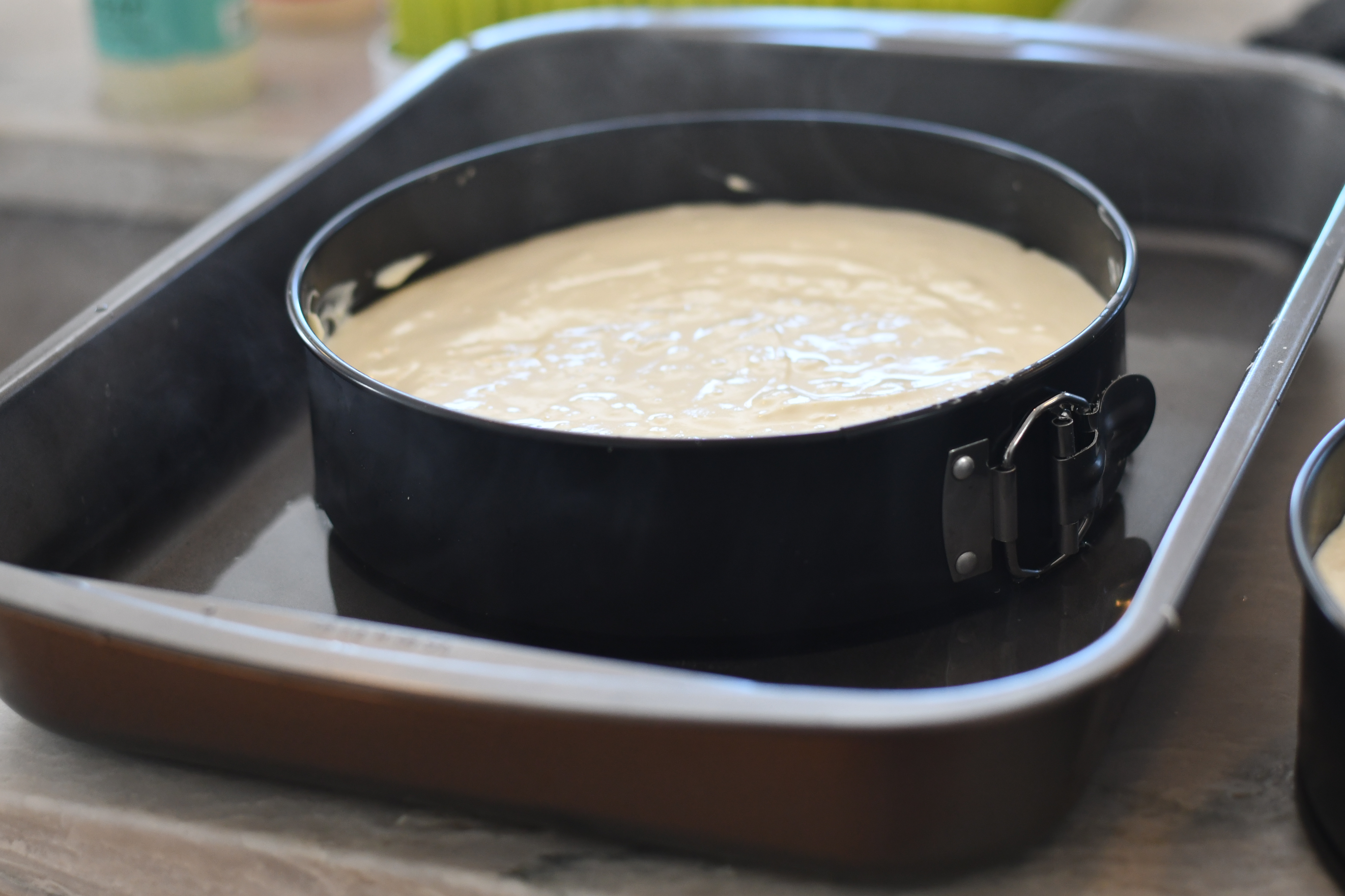 springform pan in a shallow baking pan of water