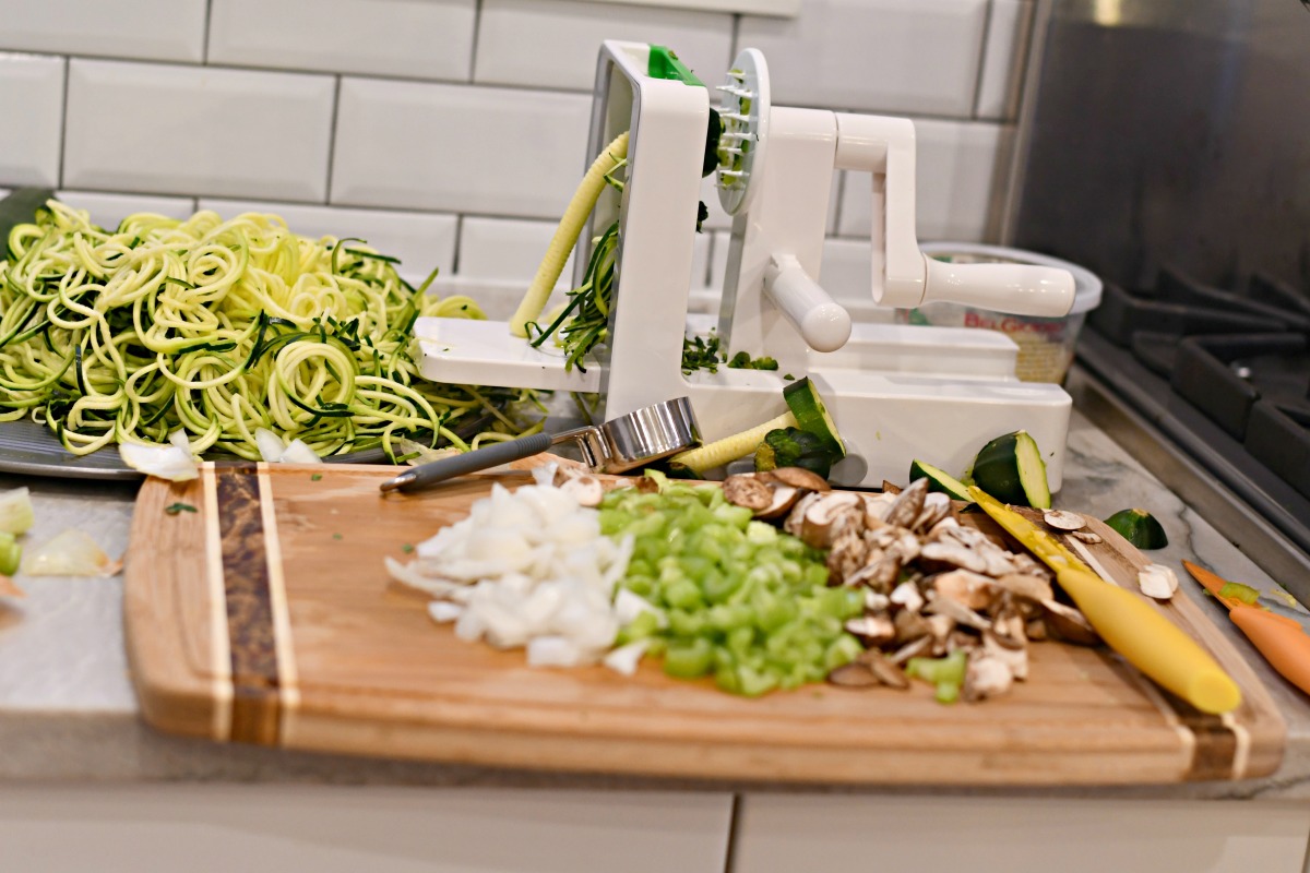 chopped vegetables and spiralized zucchini for the soup