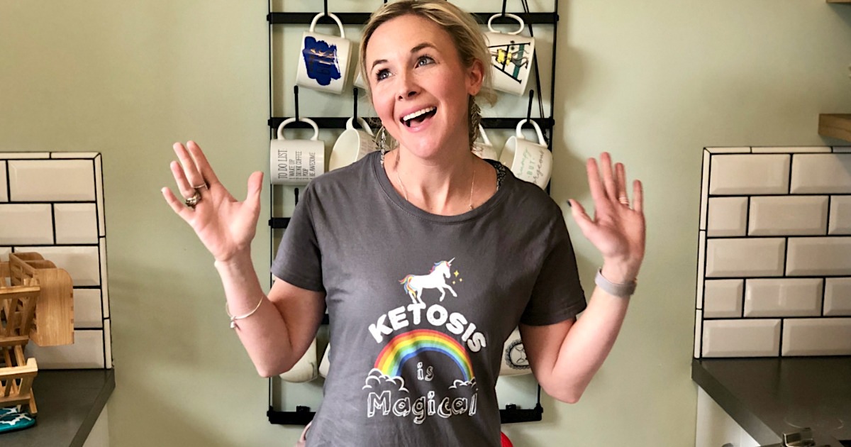 woman wearing a 'Ketosis is magical' shirt