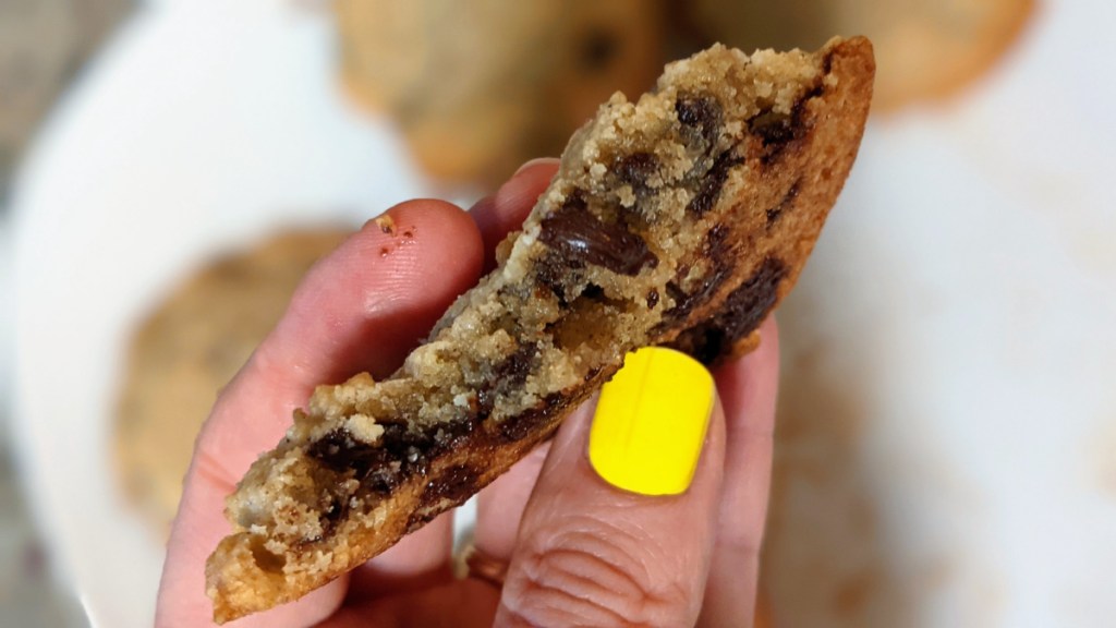 keto chocolate chip cookies with a bite out of it