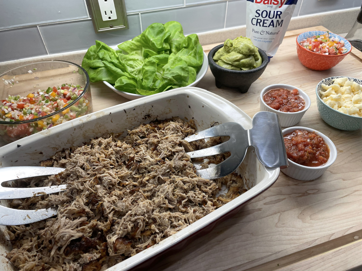 pork carnitas and toppings