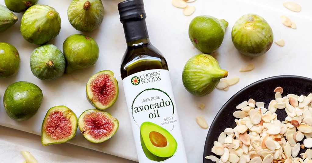 chosen foods avocado oil on table with food