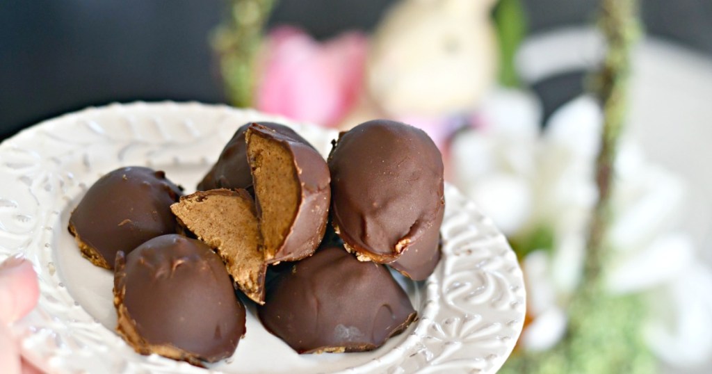 plated easter chocolate covered almond butter eggs