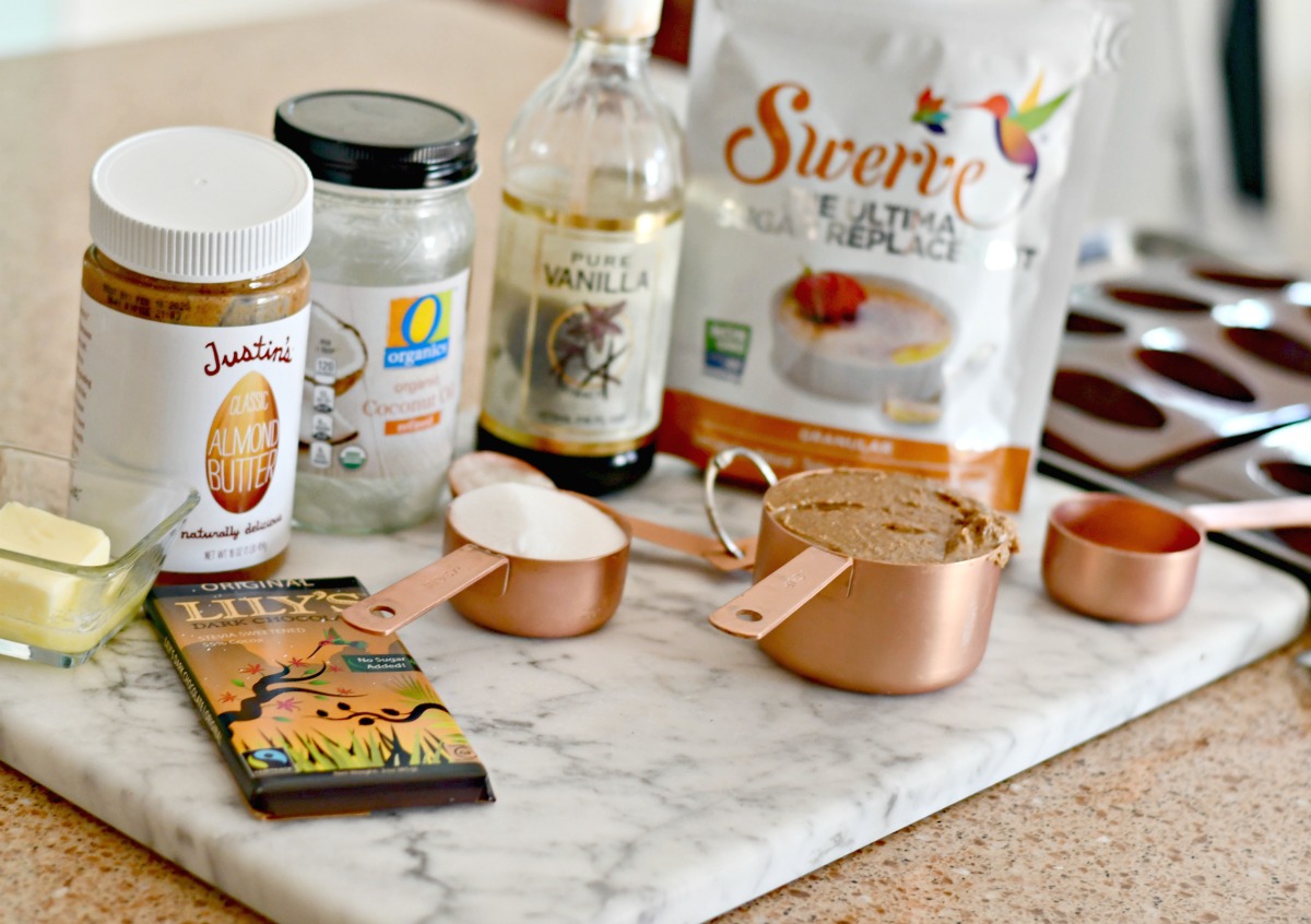 ingredients for keto chocolate almond butter easter eggs on the counter