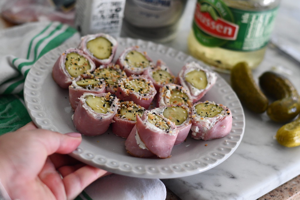 plate of pickle, ham, and cream cheese roll ups