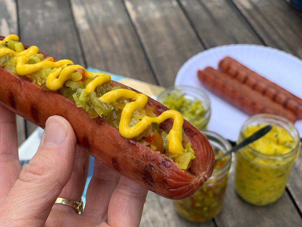hot dog with mustard and relish