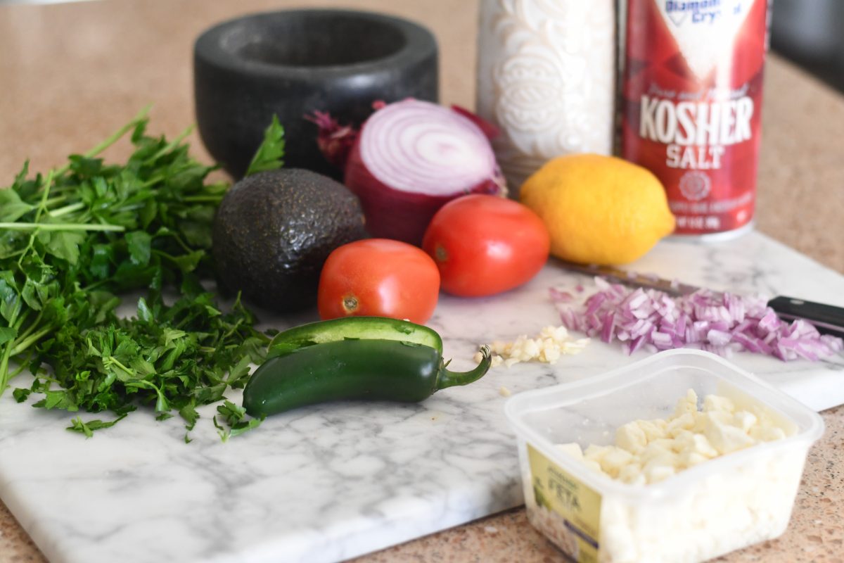 ingredients on counter for keto avocado feta salsa 