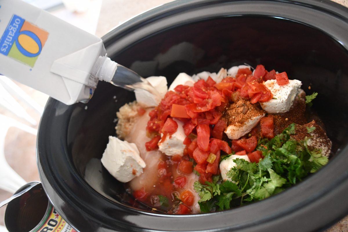 slow cooker filled with salsa chicken soup ingredients 