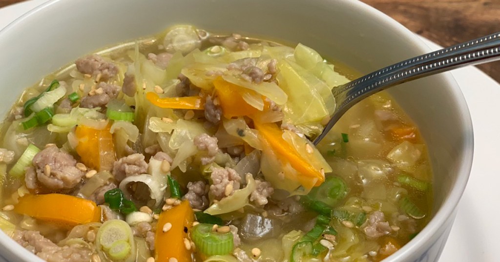A spoonful of keto egg roll soup