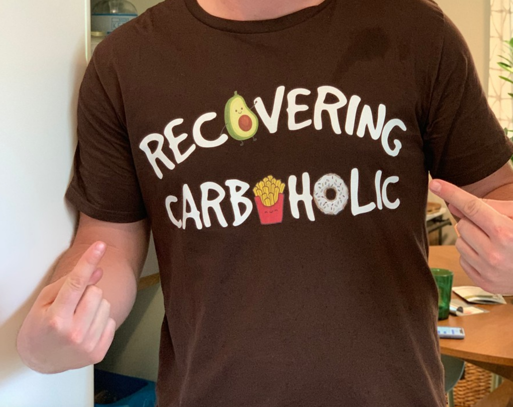 man wearing recovering carboholic shirt 