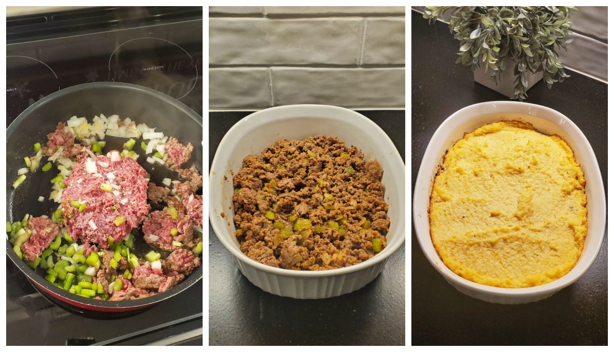 three side-by-side photos of keto shepherd's pie in progress