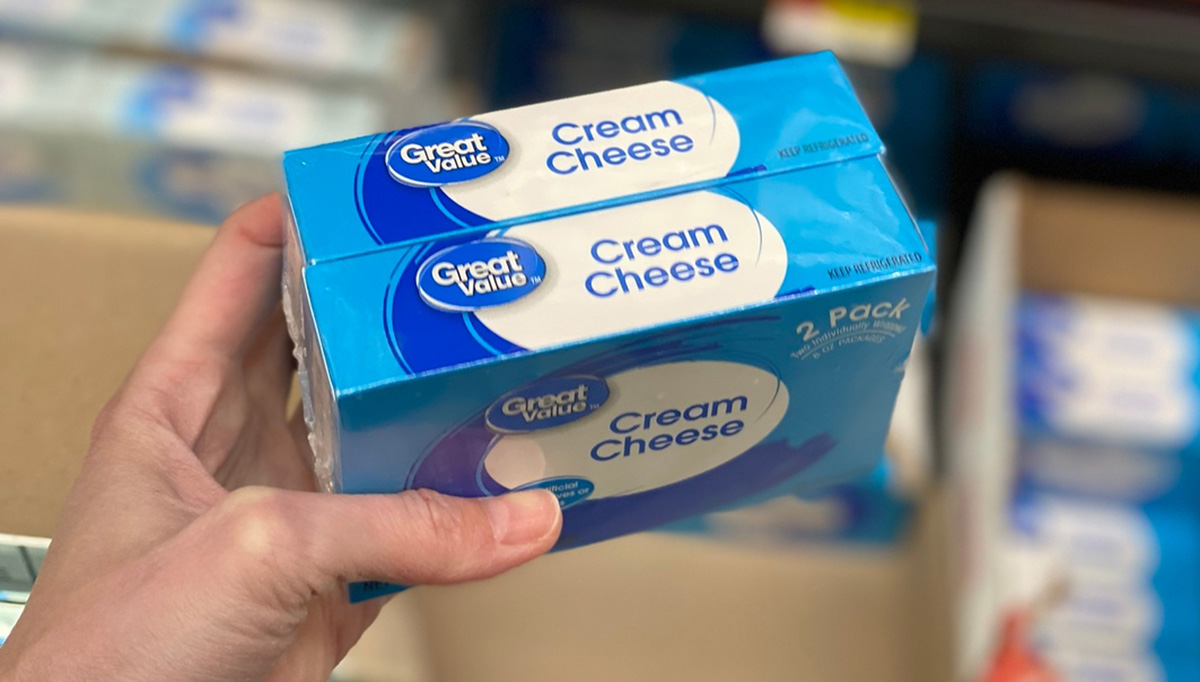 hand holding walmart cream cheese