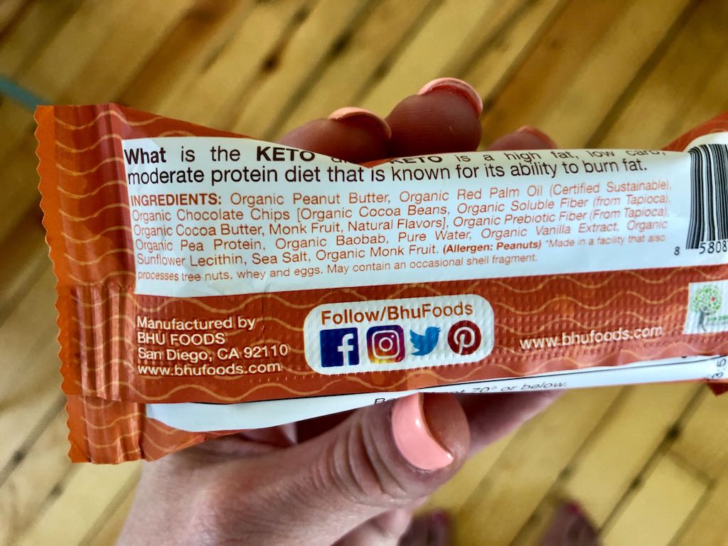 Bhu Keto nutrition information on bar wrapper