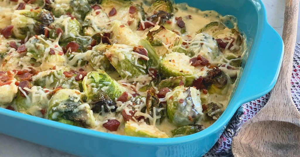 a dish with roasted Brussels sprouts and creamy Alfredo sauce