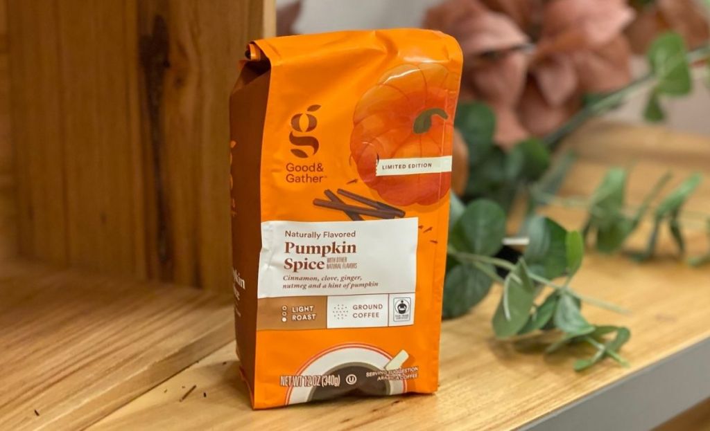 A bag of pumpkin spice coffee on a counter