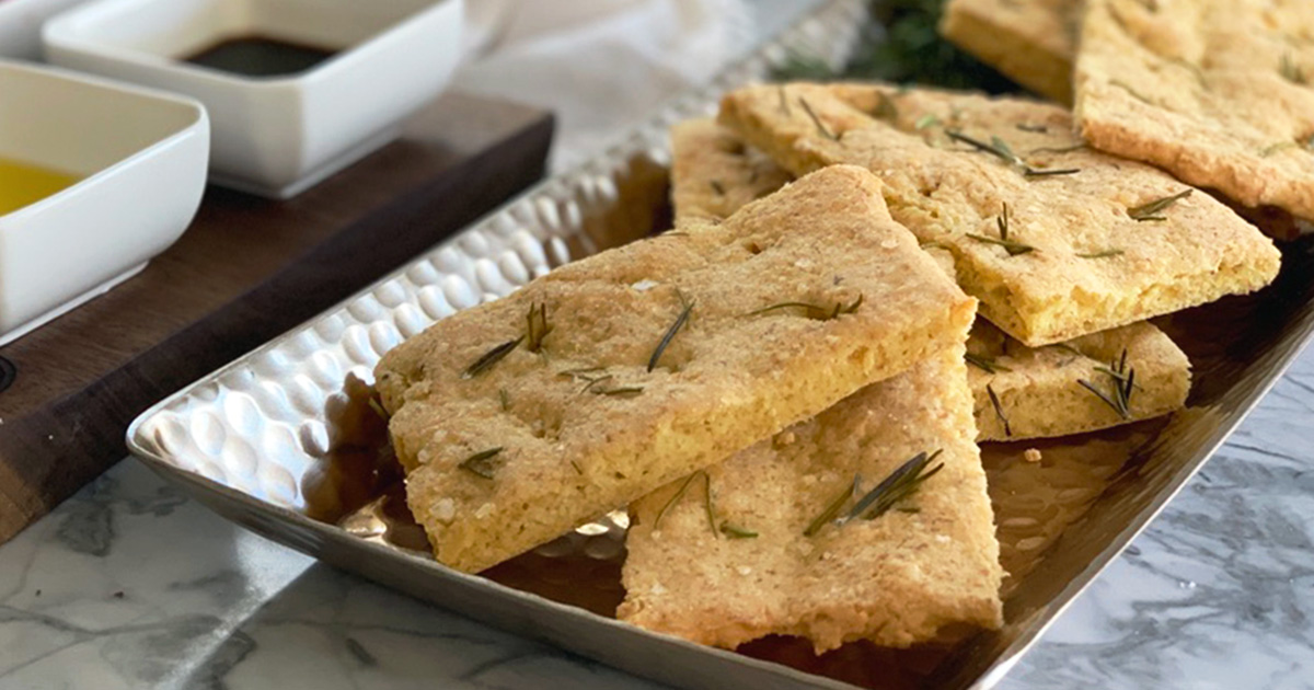 a serving dish with keto rosemary focaccia bread