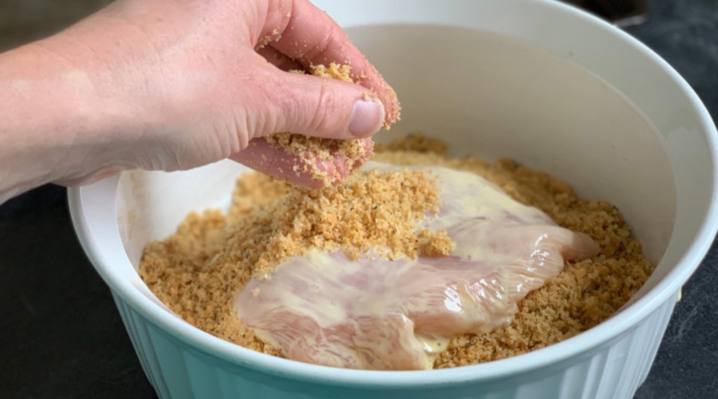 using pork rind crumbs to bread chicken cutlets