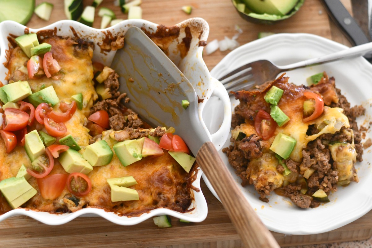 keto tex mex casserole served on a white plate 