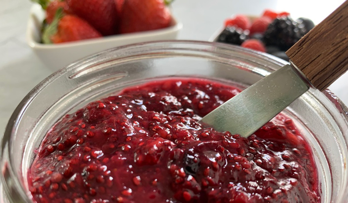 a closeup view of chia seed & berry keto jam