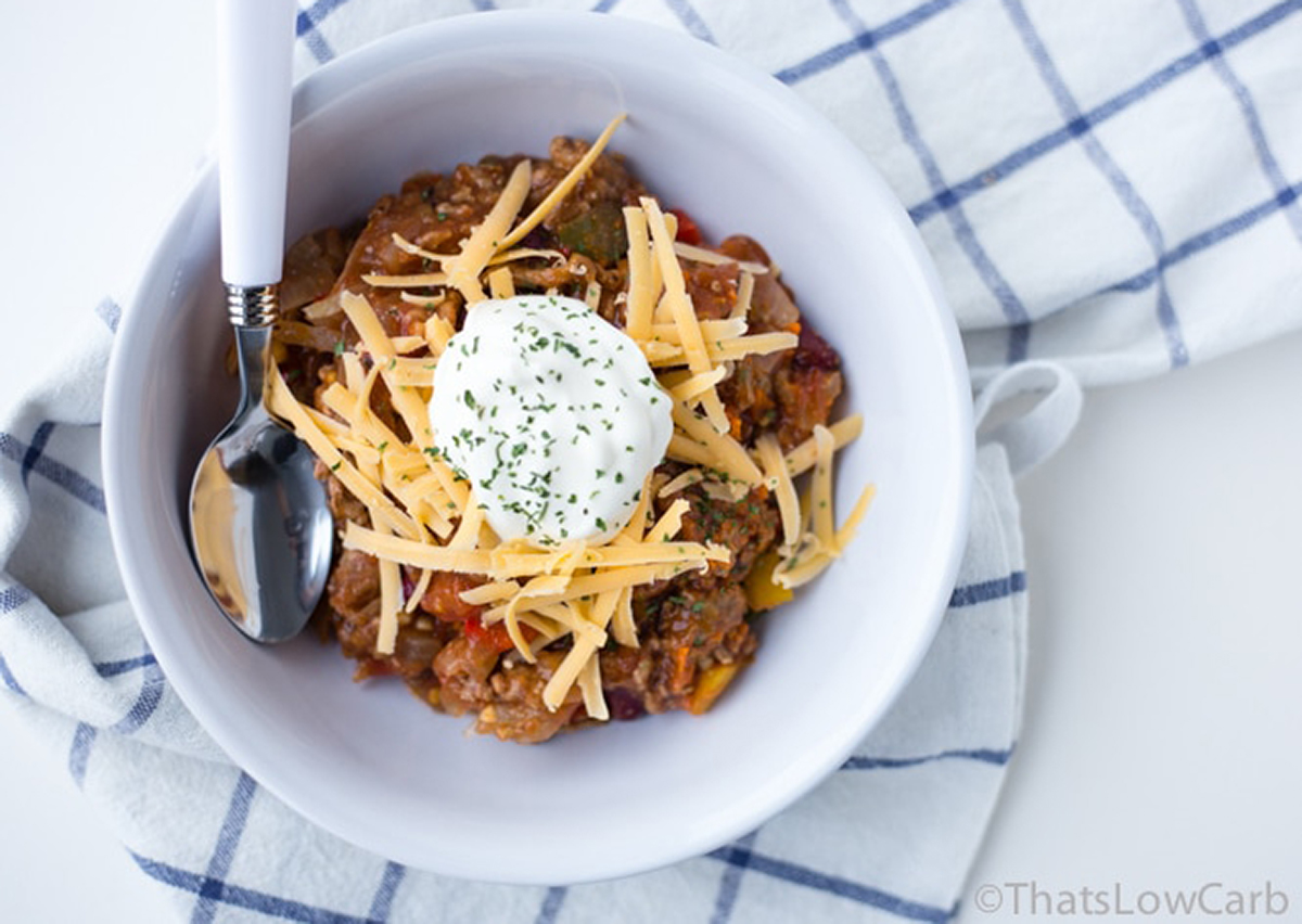 bowl of slow cooker no bean chili from Joy Filled Eats