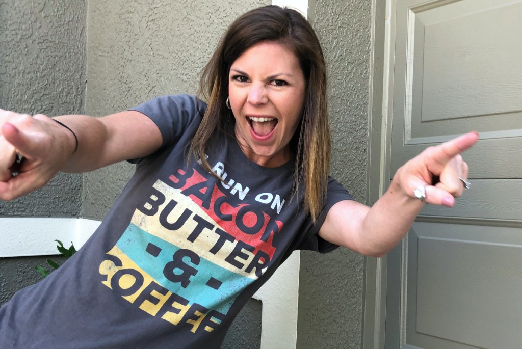 Erica wearing Bacon Butter Coffee Tee