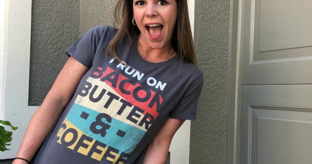 woman wearing bacon, butter and coffee keto t-shirt 