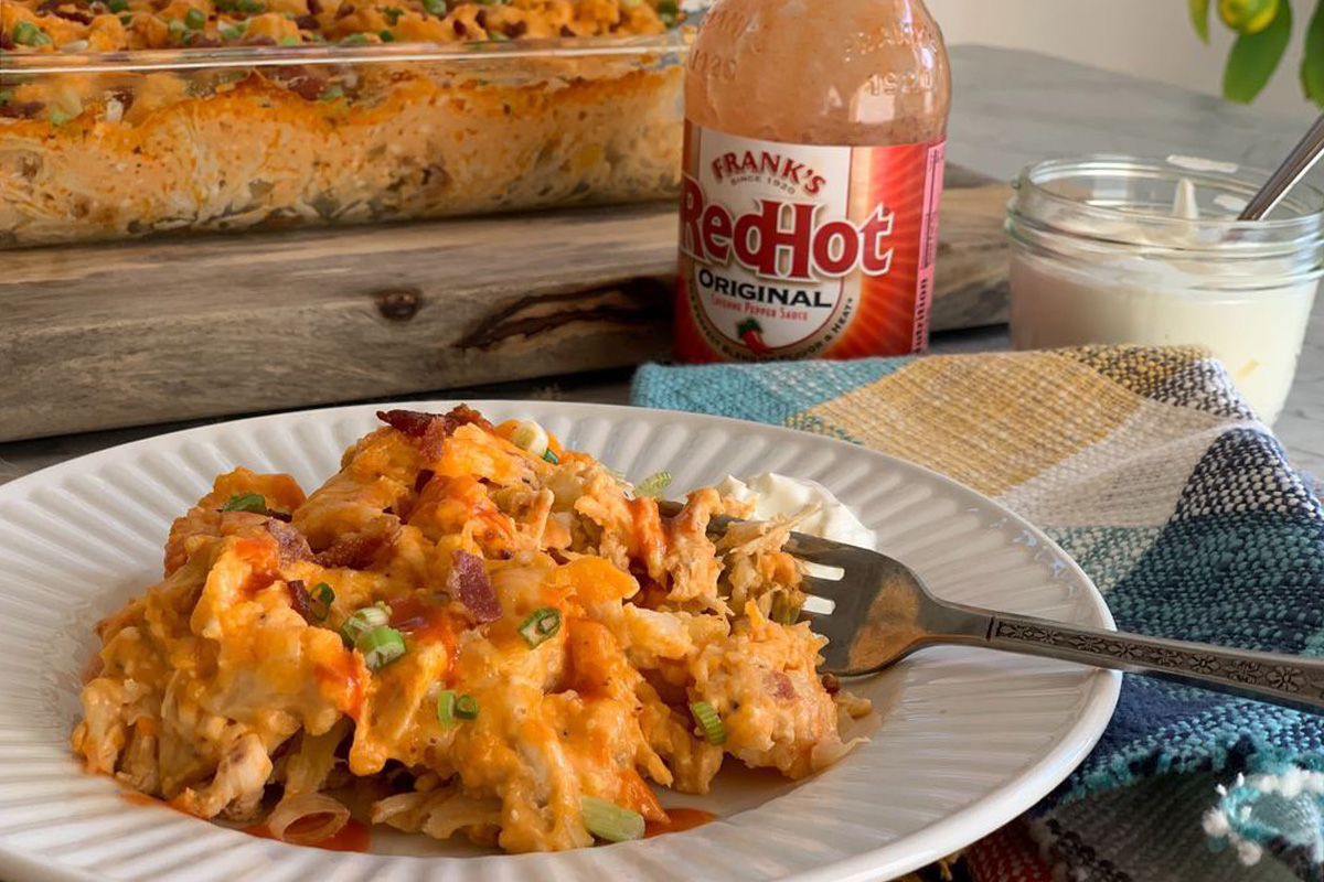 a plate with a helping of Buffalo chicken and cauliflower casserole