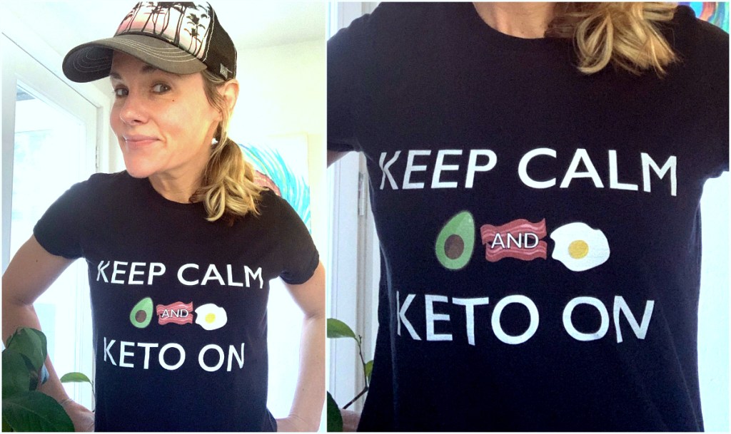 Marley wearing keep calm keto shirt