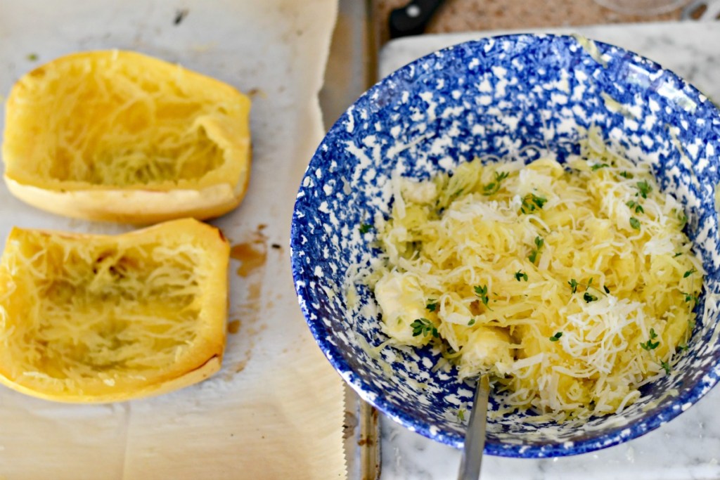 baking spaghetti squash twice on a baking sheet