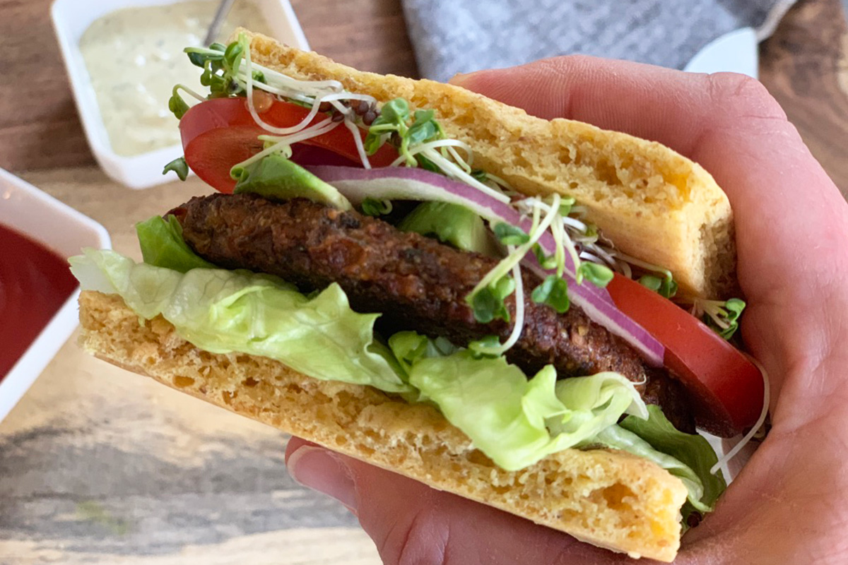 a veggie burger served on keto focaccia bread