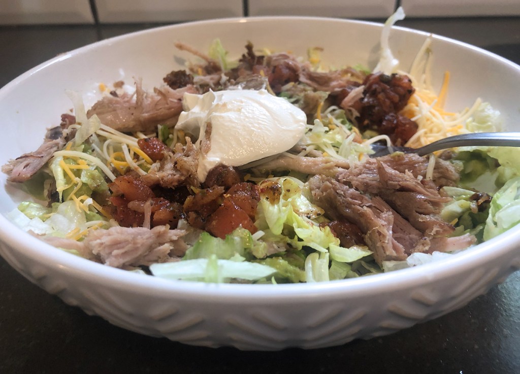 finished pork carnitas salad using trader joe's carnitas