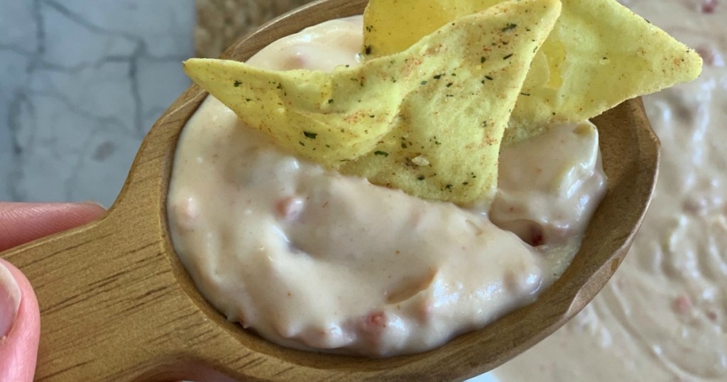 keto mexican queso dip on spoon with Quest chips 