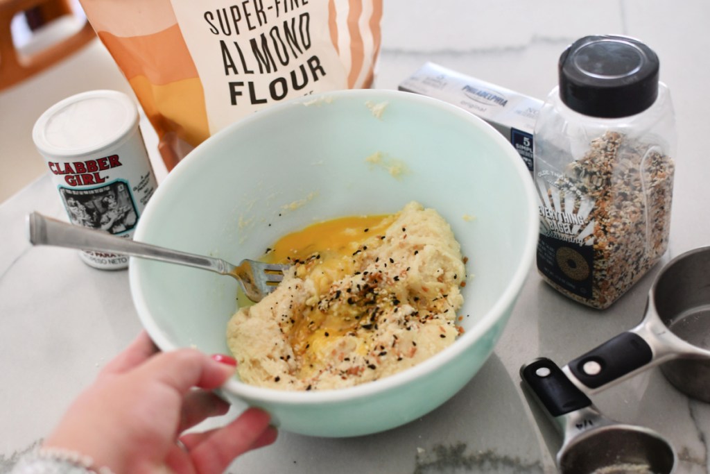 making fathead dough in a mixing bowl