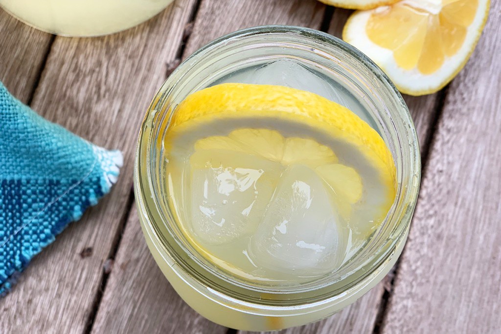 looking down on an ice cold glass of keto lemonade