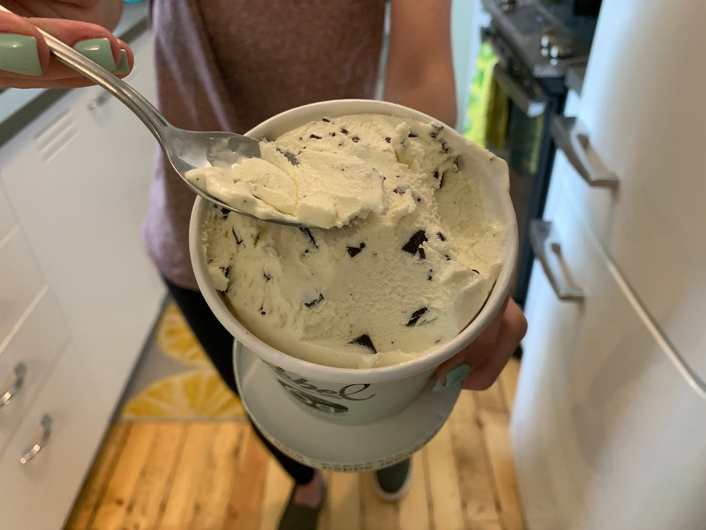 holding spoon in rebel creamery mint chip keto ice cream 