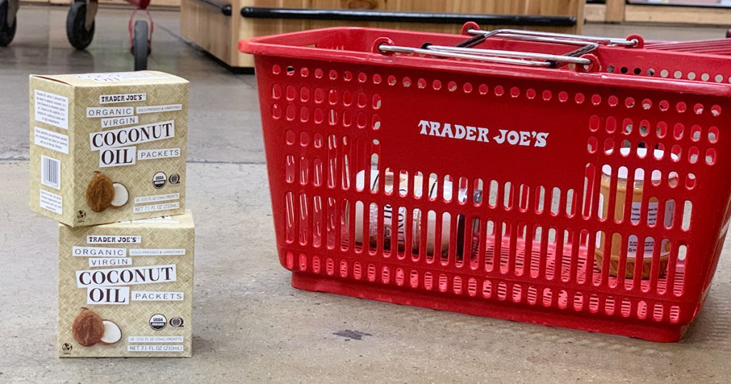 trader joe's coconut oil packets next to shopping basket