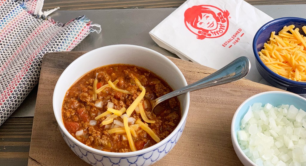 bowl of keto wendy's chili with wendy's bag