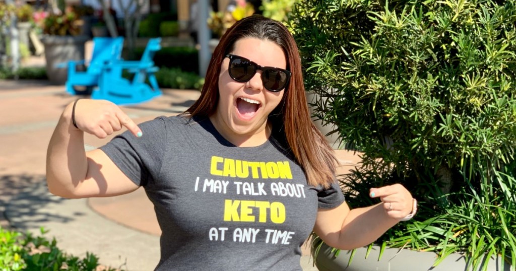 woman proudly pointing at keto shirt 