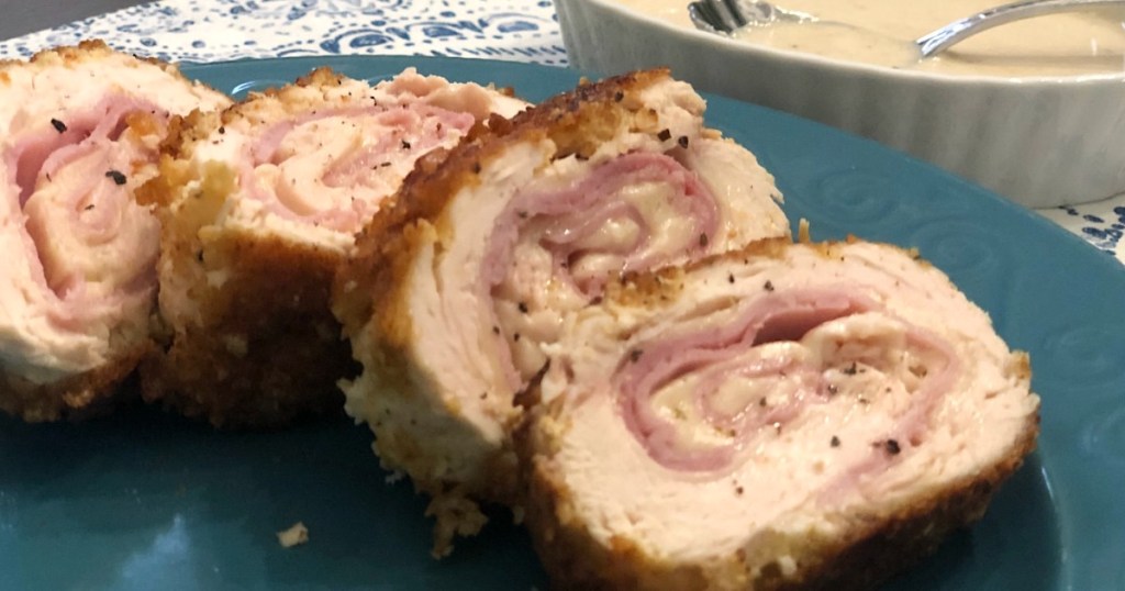 keto chicken cordon bleu sliced on plate