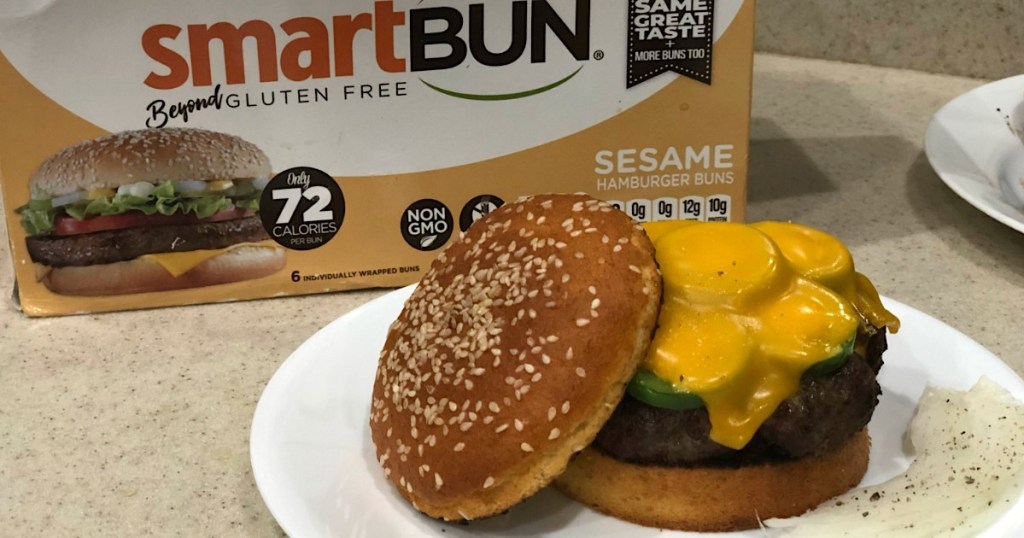 Smartbun keto hamburger bun with burger, cheese and jalapenos 