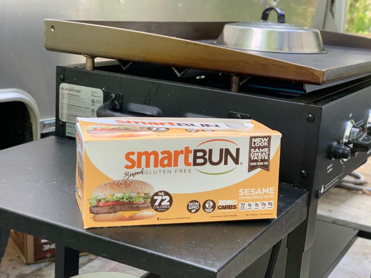 Smartbun box on a propane griddle shelf