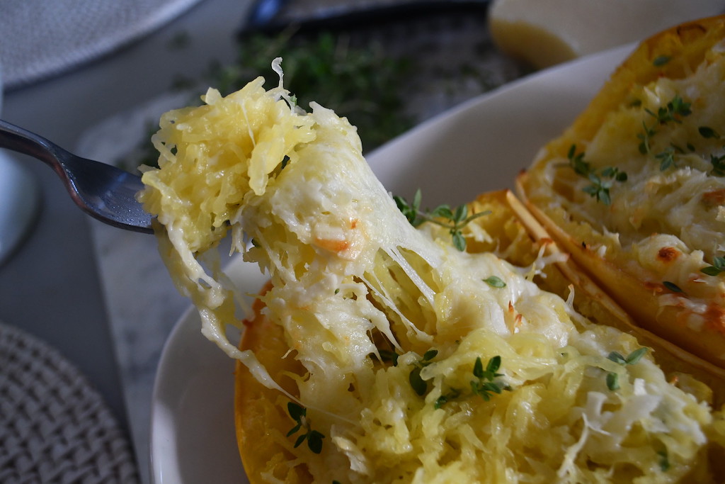 cheesy bite of twiced baked spaghetti squash