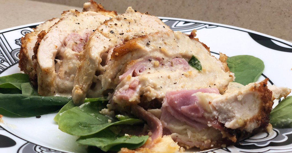 plated chicken cordon bleu with spinach