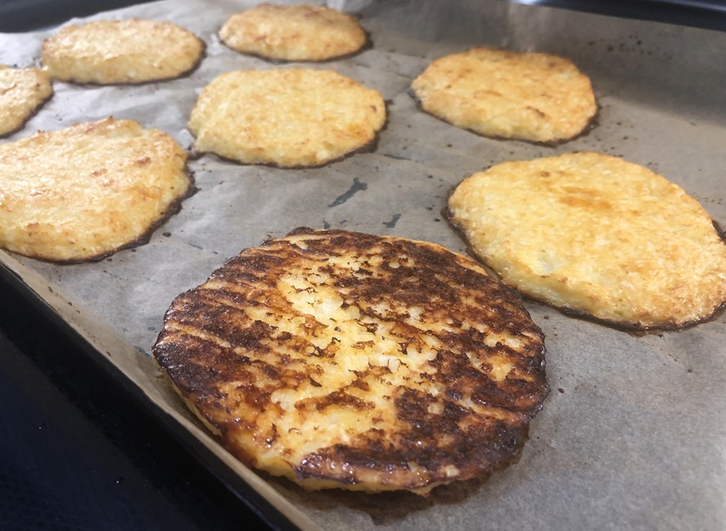 underside of cooked keto cauliflower english muffin