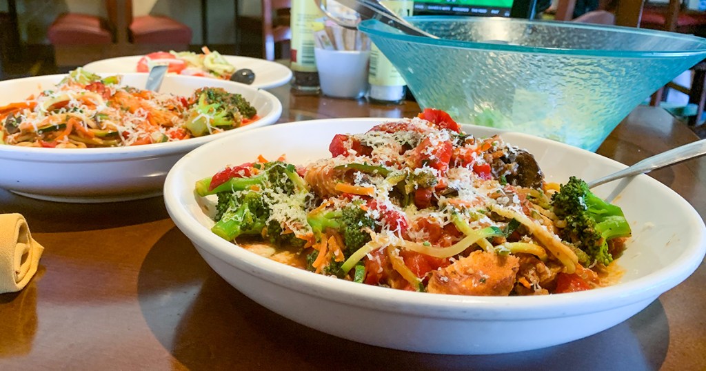 close up of gluten free pasta dishes using zoodles at olive garden