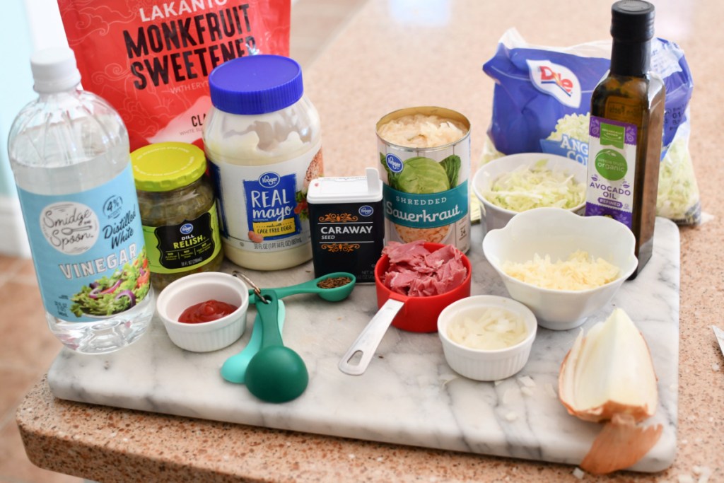 ingredients for keto reuben in a mug