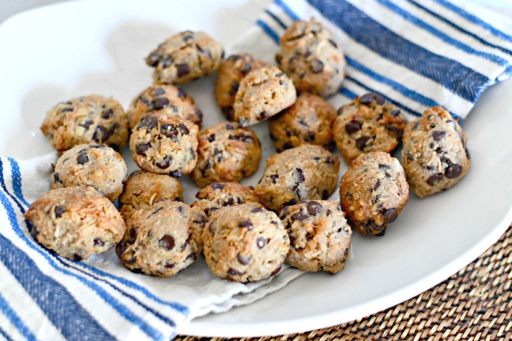 plate of keto chocolate chip cookies with coconut