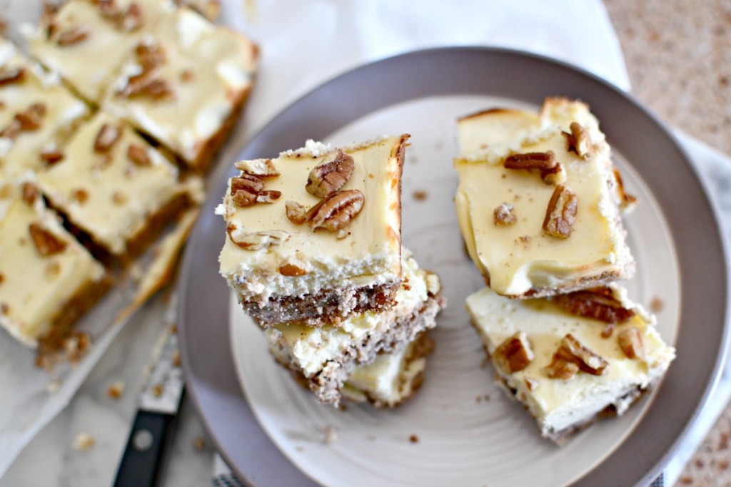 plate of sliced keto pecan bars